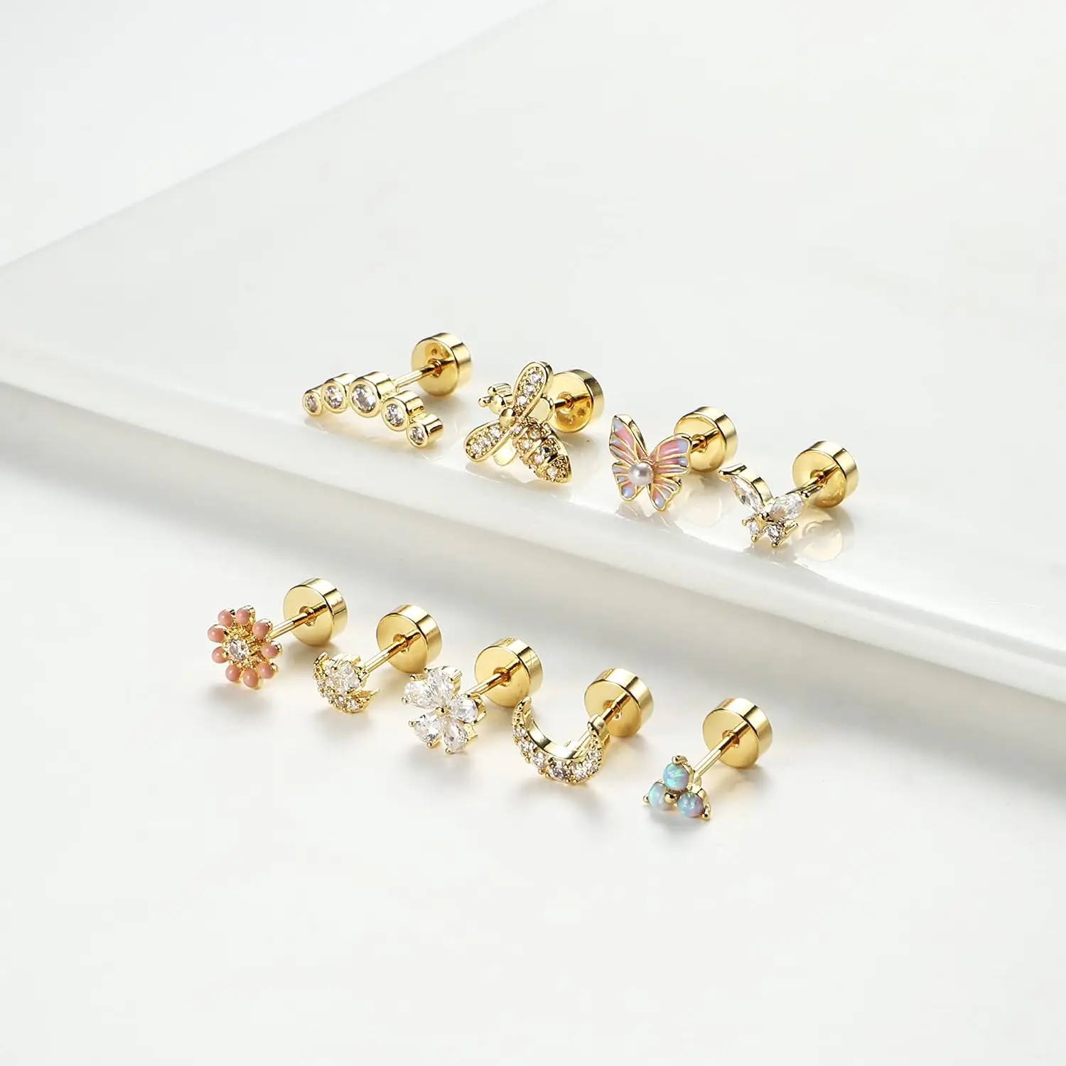 Bobisty Cartilage Flat Back Stud for Women Surgical Steel Flat Back Earrings Opal CZ Tragus Cartilage Earrinx Piercing  Jewelry