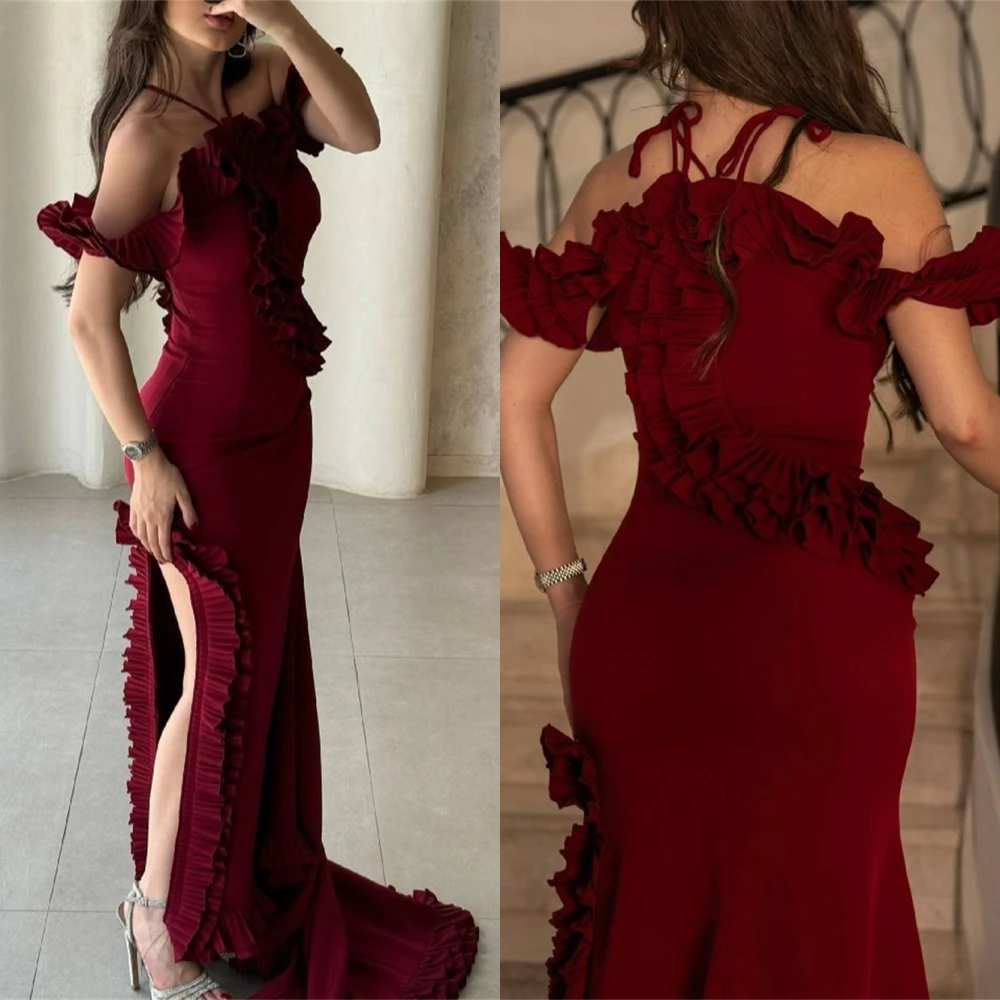

Customized Formal Red Jersey Evening Dress Formal Boat Neck Off the Shoulder Prom Dress Delicate Mermaid Court Train Party Dress