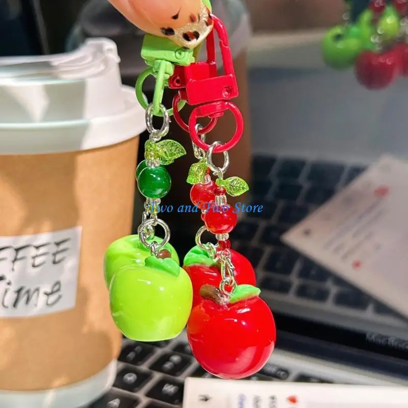 HX6F Red Green Apples Pendant Ring Gift For Friend Students Office