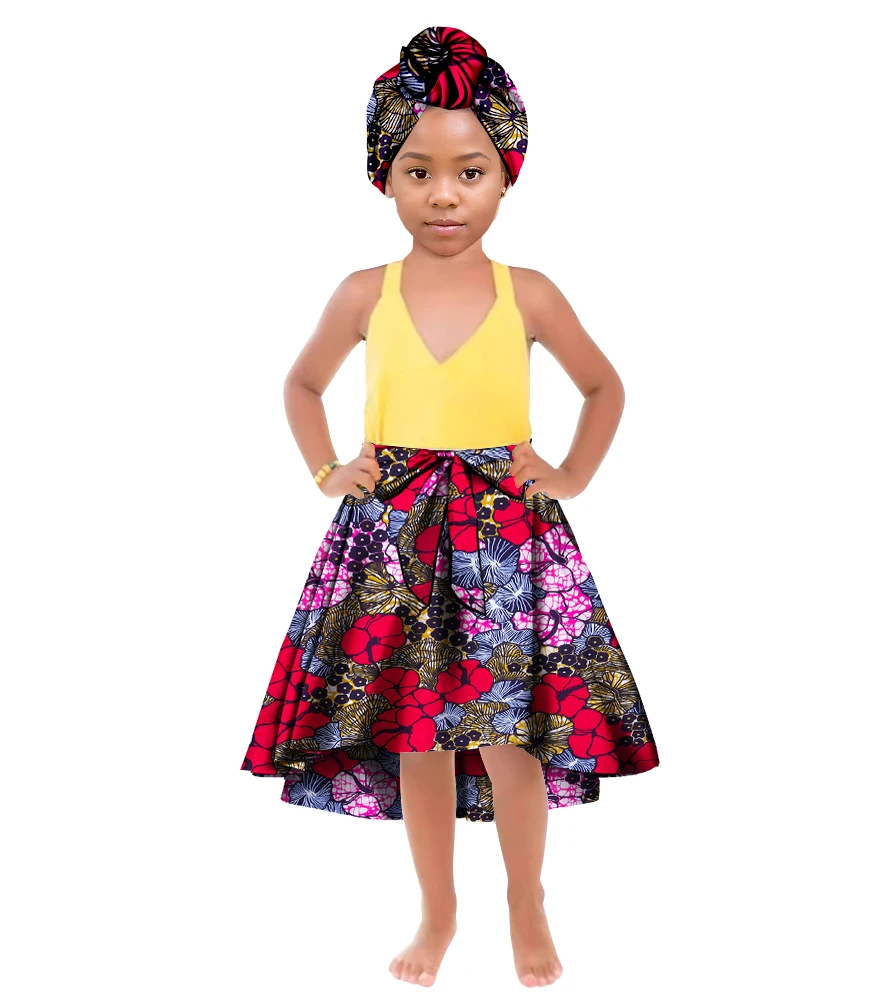 ORIENTAR-ropa africana para niña, falda larga con estampado de Ankala, pañuelo para la cabeza hasta las rodillas, ropa para niños WYT842