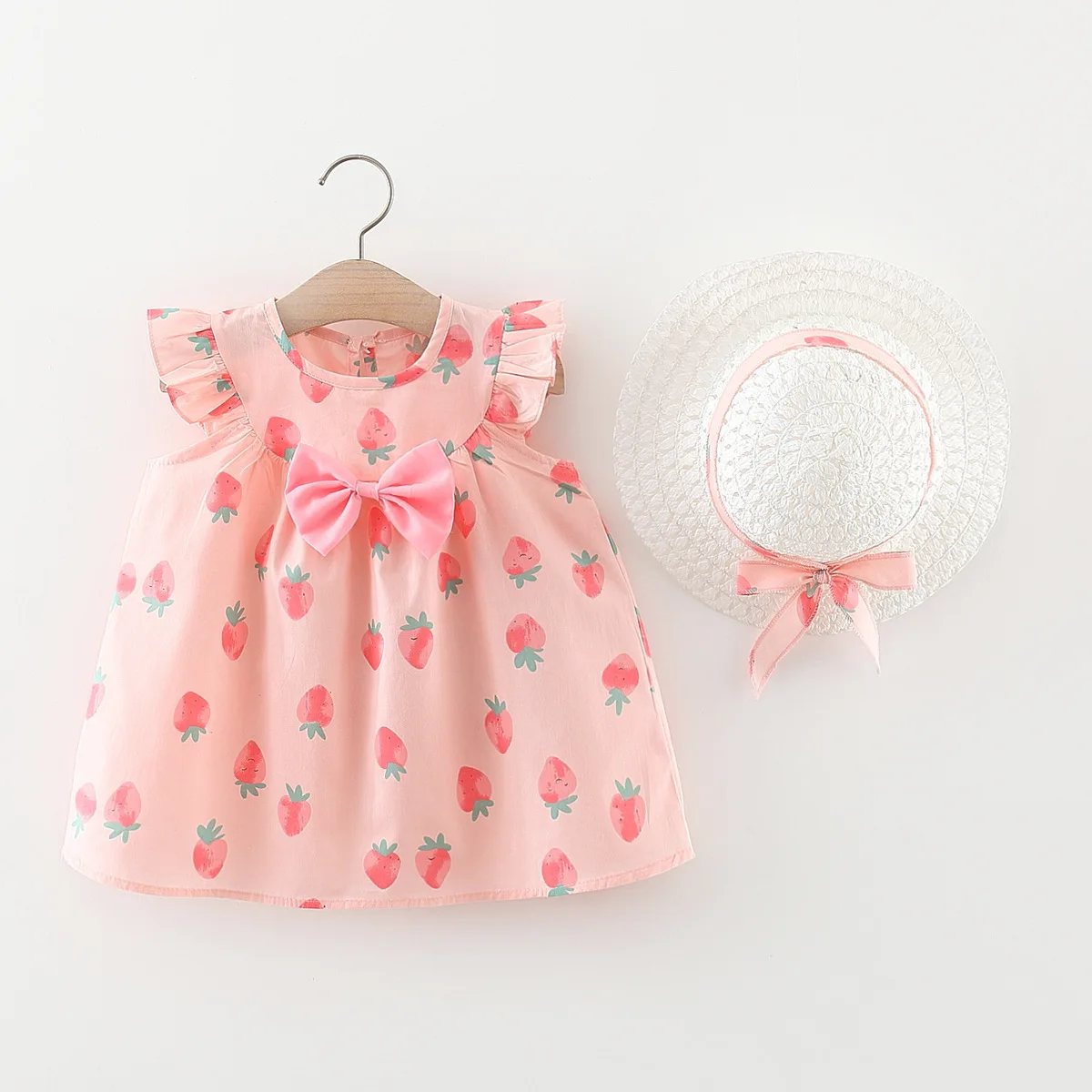 2Pcs/SetSummer Children's Wear Girl's Strawberry Bow Flying Sleeves Children's Dress Cute Dress Comes with Hat