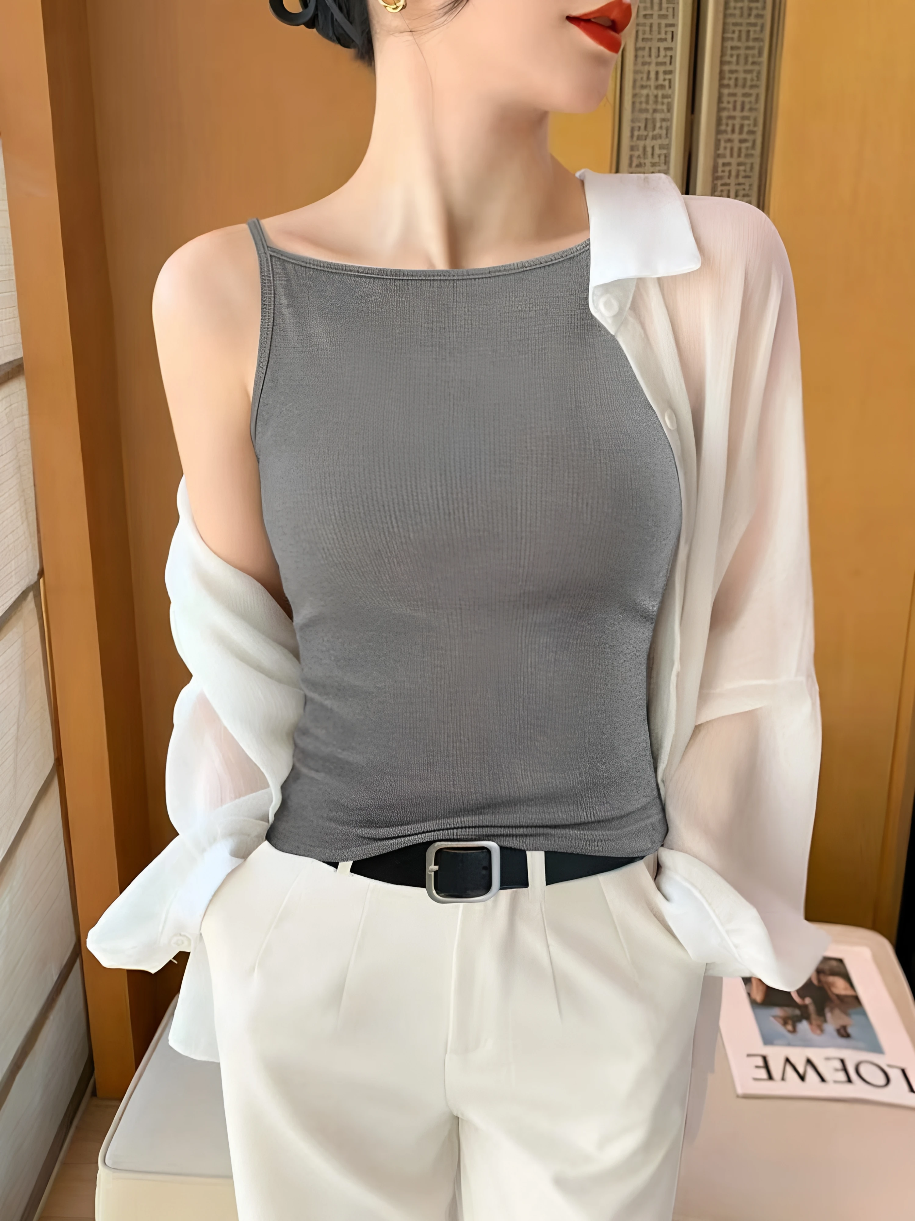 Summer Cotton Blend Strap Vest Women's Bottoming plus Size Fat MM Breast Reduction Slimming Tummy Covering Top