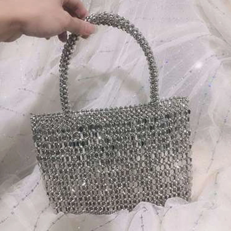 Netto Red Pure Hand Woven Beaded Rhinestone Purse Retro Metal Shiny Evening Clutch Bag Wedding Purse Sequin Pearl Women Handbag