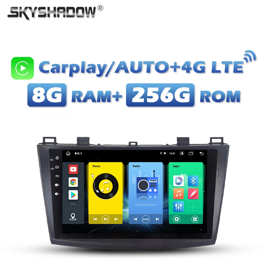 

4G SIM Carplay Auto Android 13.0 8G + 256G Автомобильный мультимедийный DVD-плеер DSP GPS MAP RDS Радио Wi-Fi Bluetooth для Mazda 3 2009-2012