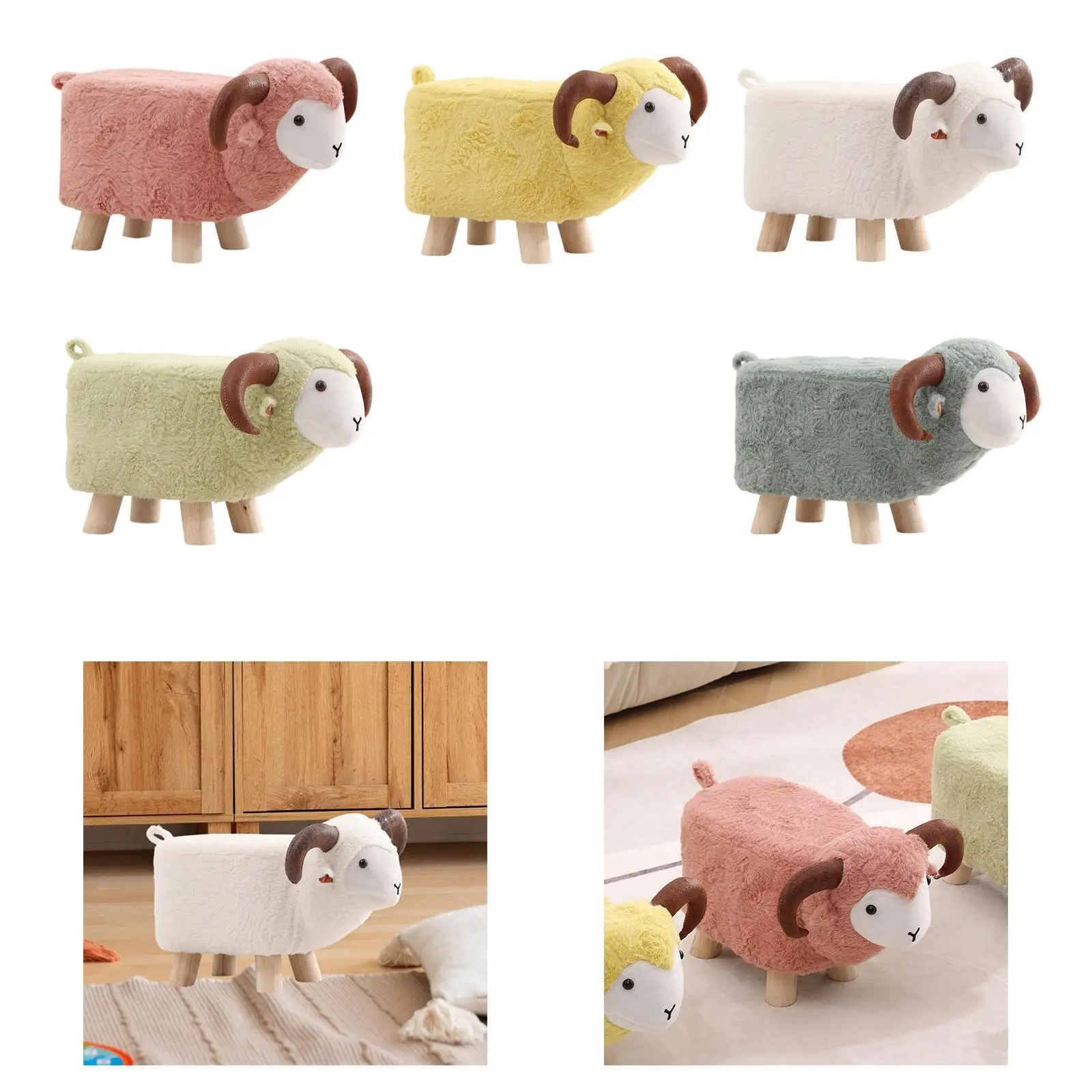 Animal Footstool with Wood Legs Soft Gift for Kids Cartoon Portable Home Decor for Playroom Outdoor Entryway Bedroom Indoor