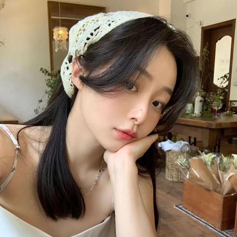Summer Sweet Retro Solid Color Hollow Embroidery Knitted Triangle Turban For Women image 6