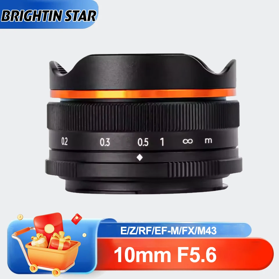 Brightin Star 10mm F5.6 lente ojo de pez gran angular APS-C lente principal de enfoque Manual para Sony FS7 A7III Fuji X-H1 Panasonic G5 Canon M