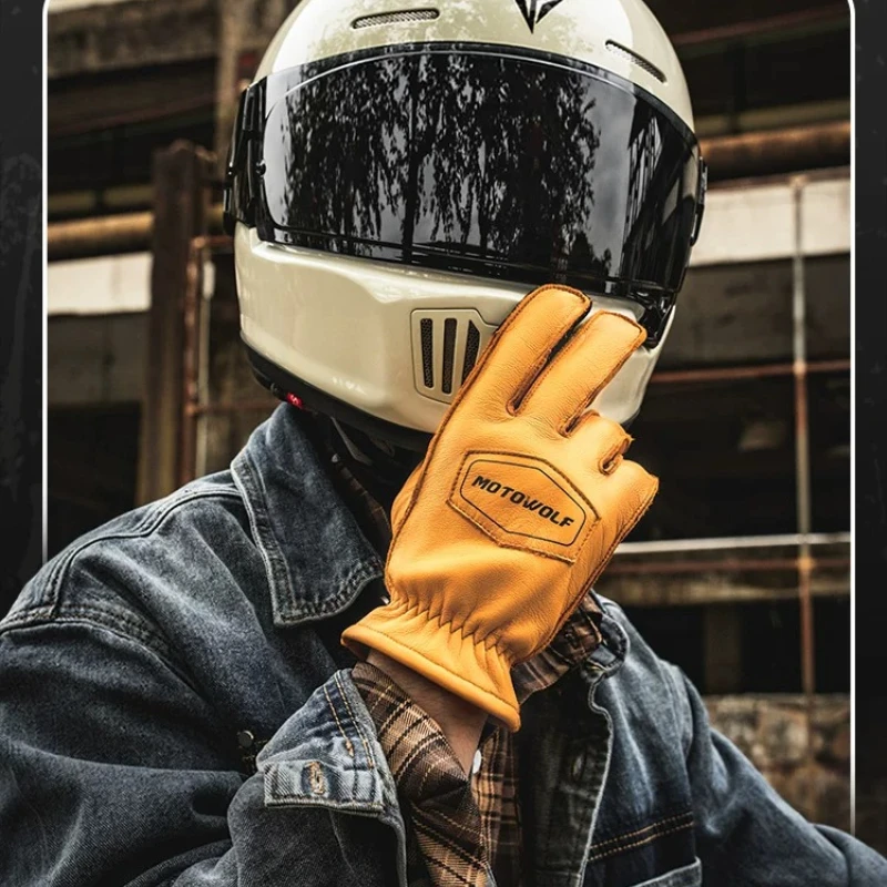 Retro Genuine Leather Motorcycle Gloves Full‑Finger Touch Screen Anti‑Shock Moto Gloves For Men 4‑Season Motorbike Commute