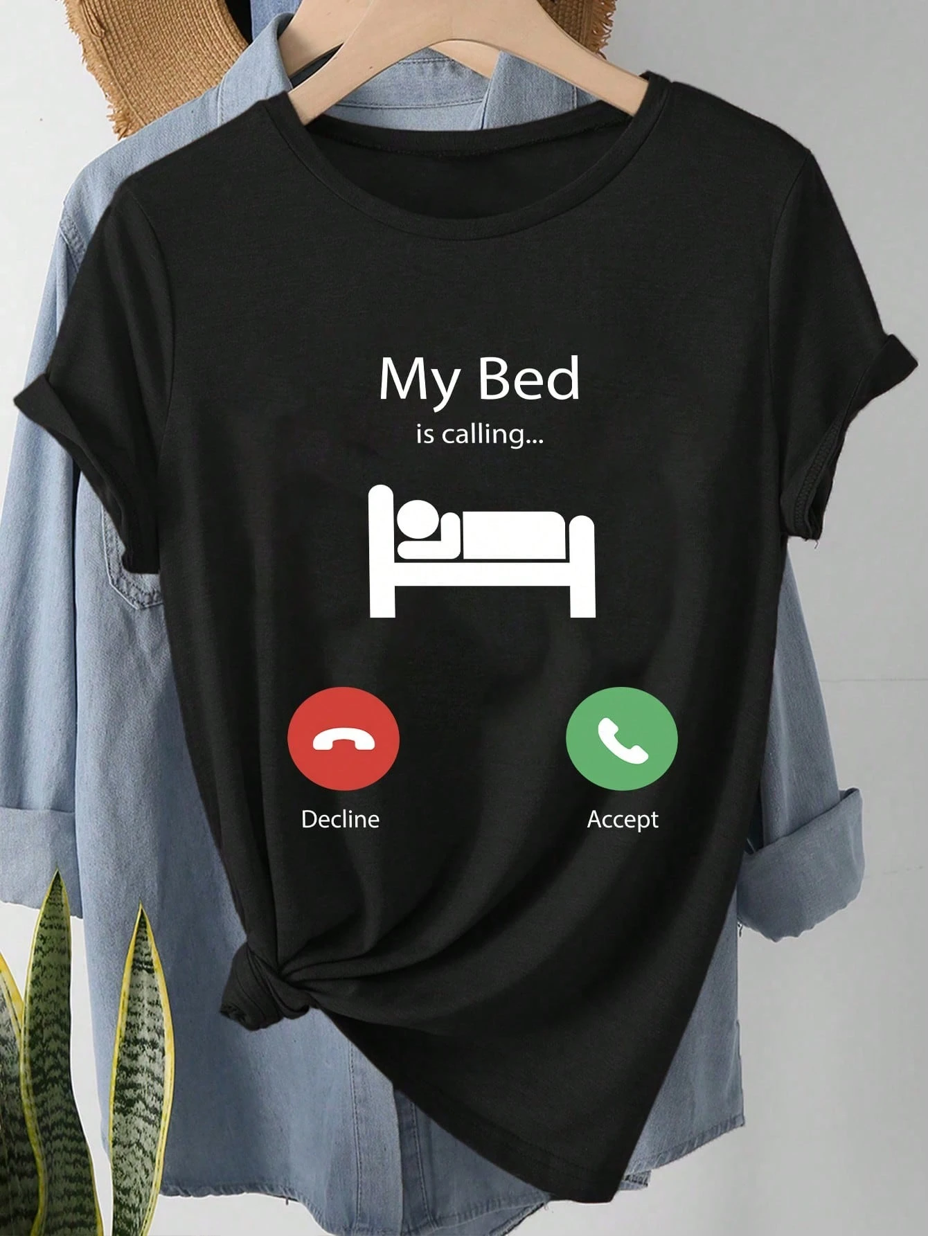 My Bed Is Calling Printed Short Sleeve T-Shirt Graphic Women Tops Casual Loose New Round Neck T-shirt Top Funny Text Print Tees