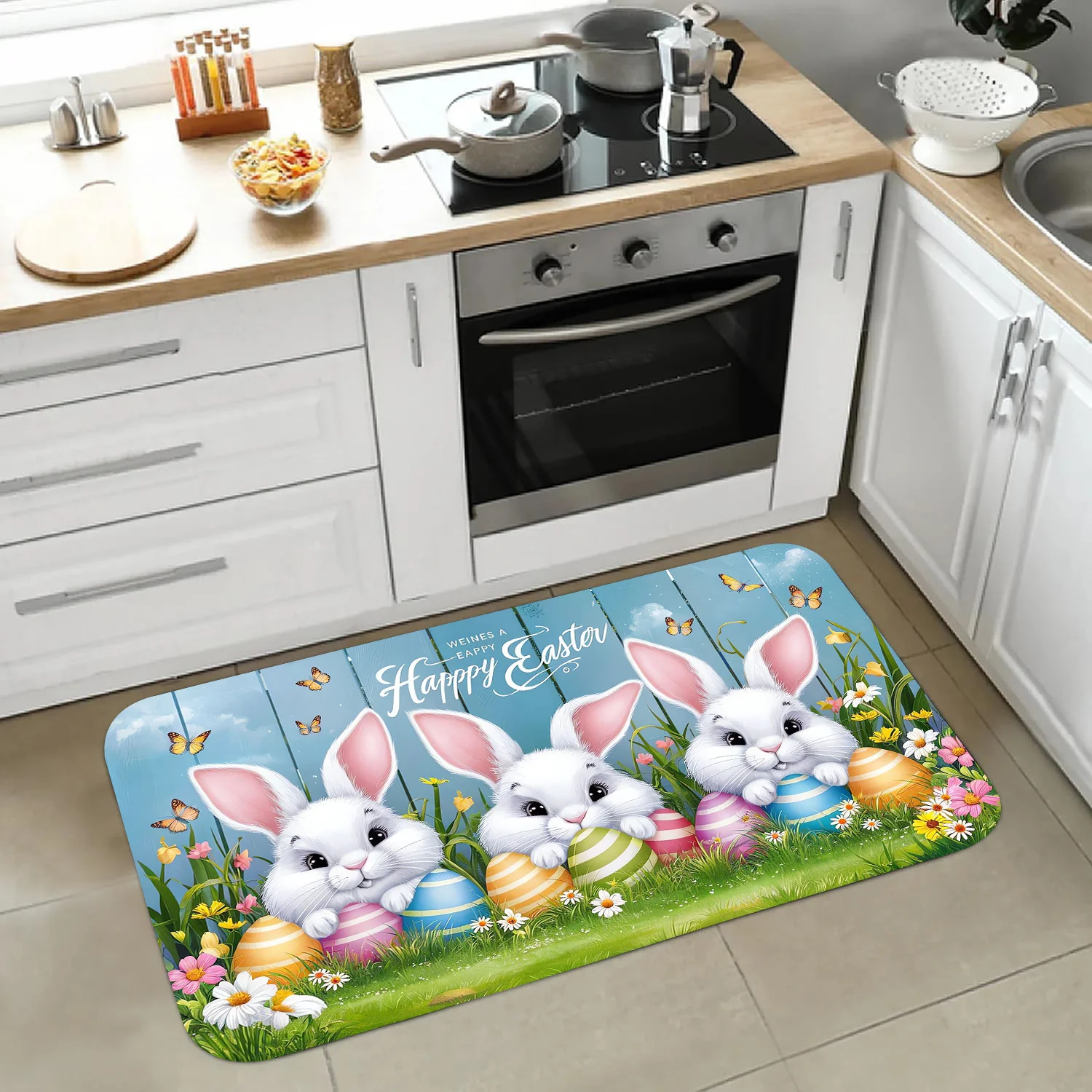 Easter Bunny Eggs Butterfly Kitchen Mat Home Decor Washable Corridor Balcony Rugs Bathroom Non-slip Floor Mat Entrance Doormat