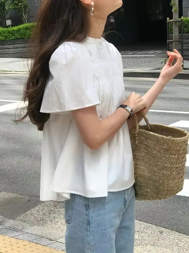 

Новая женская свободная универсальная рубашка со стоячим воротником в сложенном виде, летняя корейская рубашка Ins French Sweet Ladies, однотонная кружевная кукольная рубашка