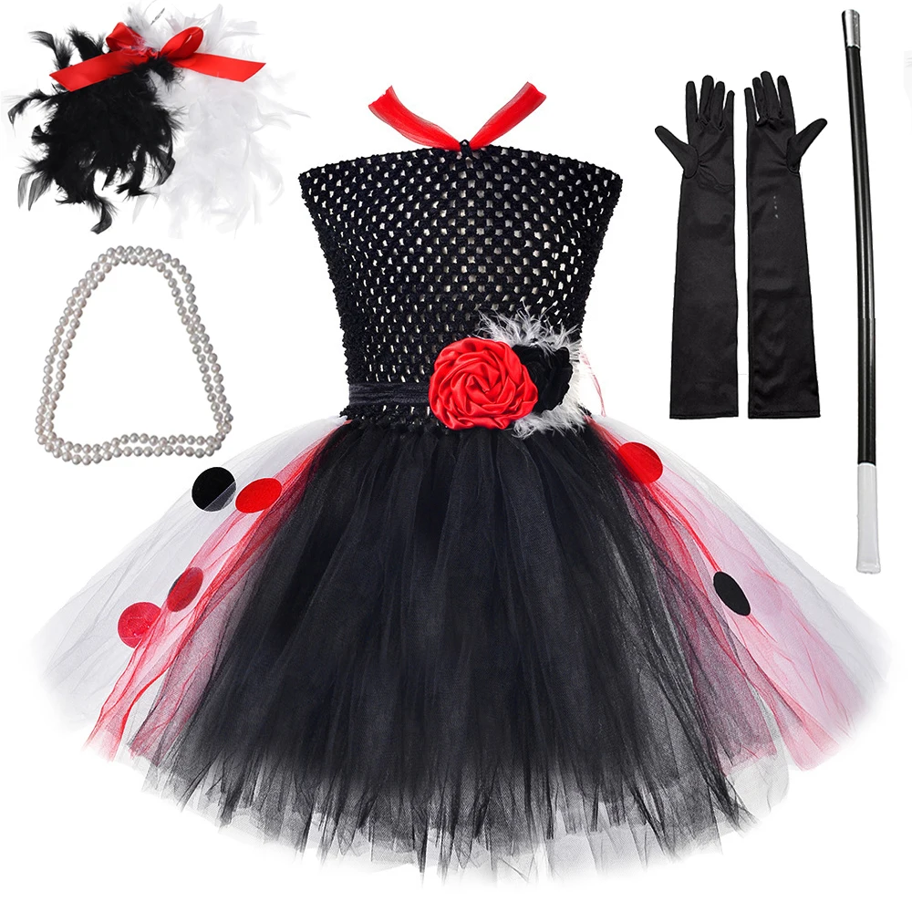 

Witch Cruella de Vil Halloween Costumes for Girls Kids Dalmatians Dog Tutu Dress Children Carnival Party Cosplay Outfit Disguise