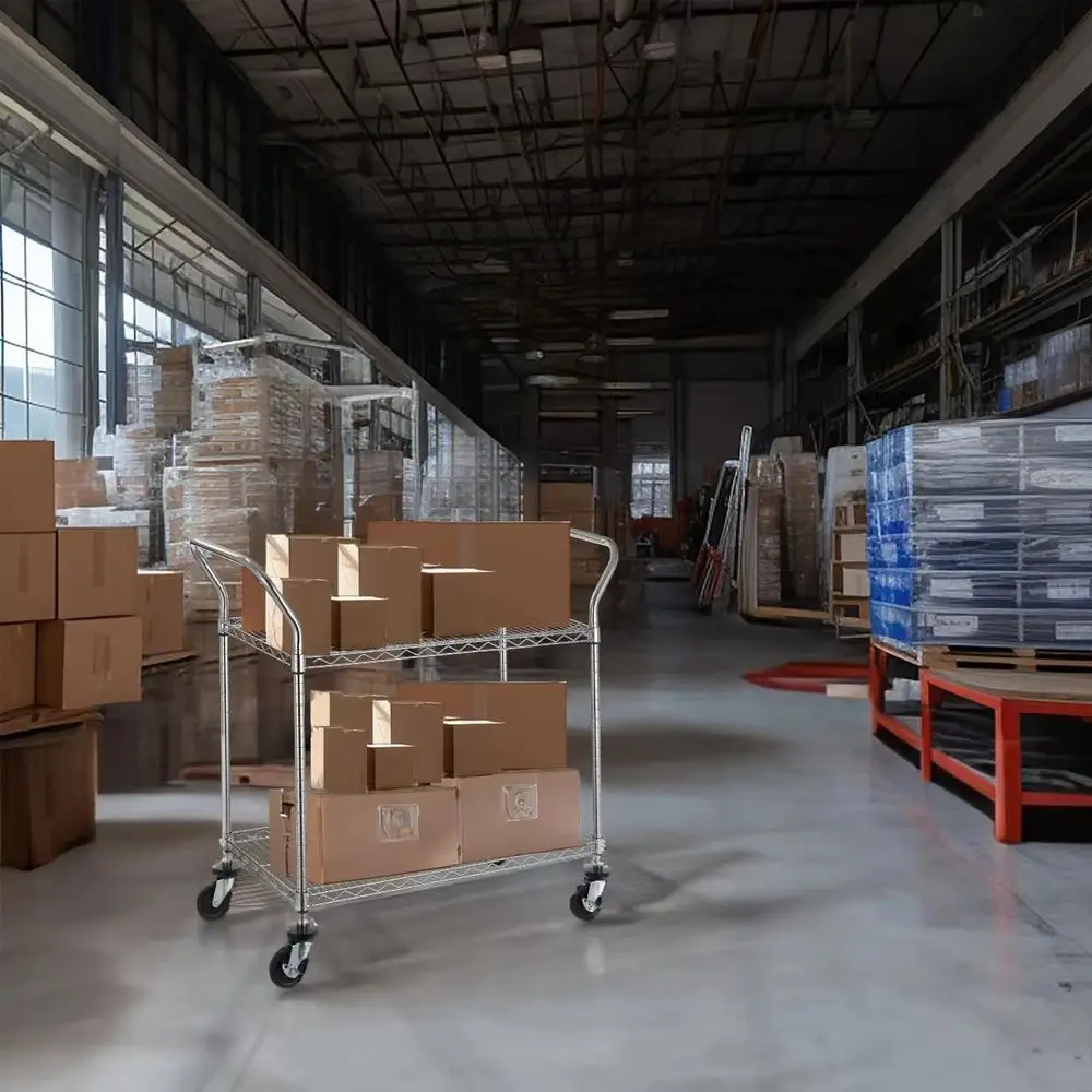 Коммерческая 2-уровневая универсальная тележка — сверхмощная, колеса и ручка, вместимость 500 фунтов, полки 20x36, сертифицированная NSF