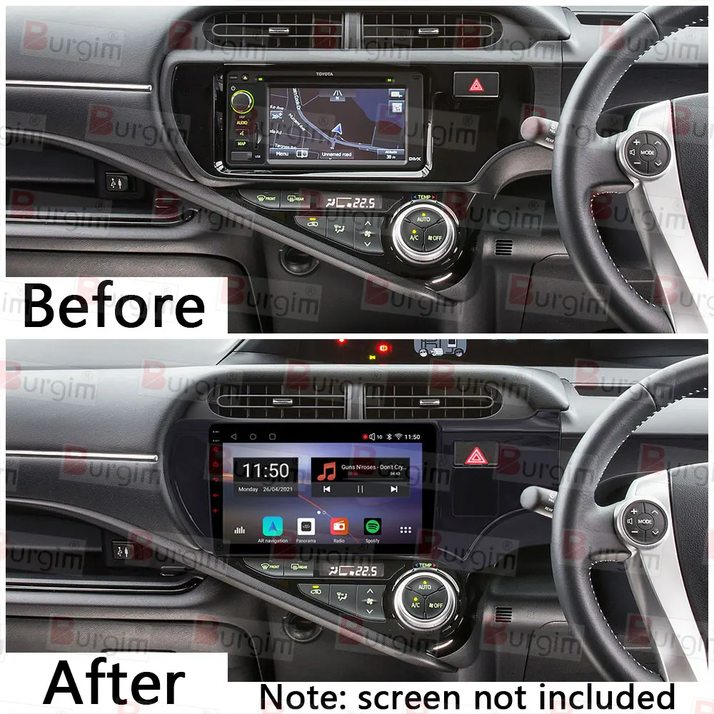 Burgim Car Android Radio Frame For Toyota Aqua Prius C 2011-2017 9 inch 2DIN Fascia Stereo Panel 16PIN Harness Wire Power Cable