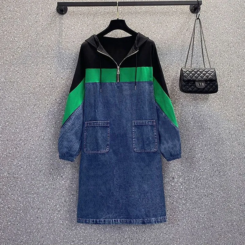 Cowboy Long Sleeve Dress 2023 Spring And Autumn New Women's Coat Loose Slim Contrast Stitching Hooded Temperament Denim Skirt