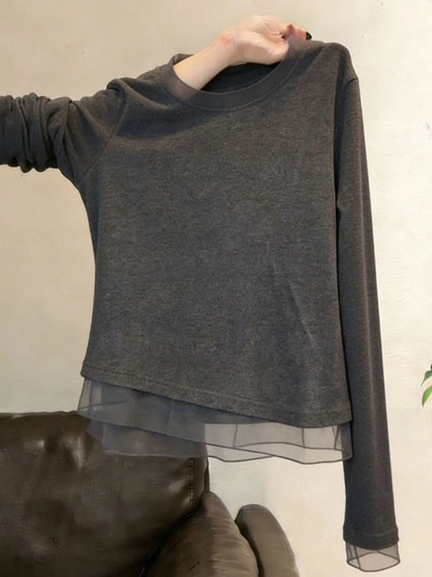 

Korean Style Long Sleeve Mesh Splice Design Loose Women's T-Shirt Summer Lazy Sun Protection Top Fashion Commuting Wind