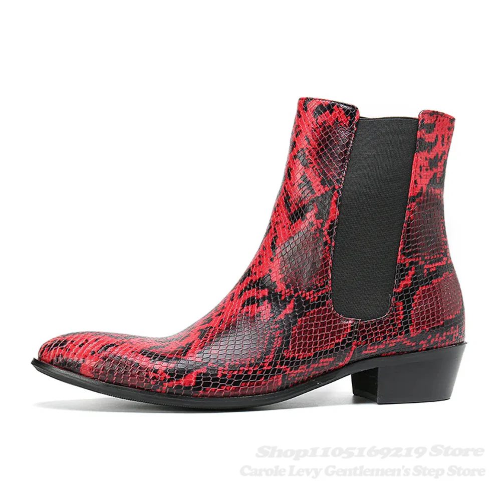 Snake Pattern Men Leather Ankle Boot Men Pointed Toe Slip On Thick Heel Handmade Winter New Business Formal Dress Chelsea Boot