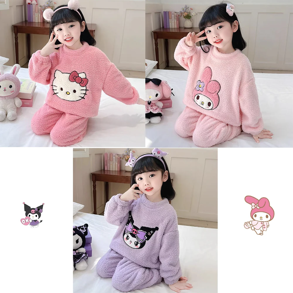 

2Pcs Kuromi Cartoon Children Girls Autumn Winter Pajamas Sweet Kawaii Hellokitty Sanrio Anime Keep Warm Trendy Home Wear Gift
