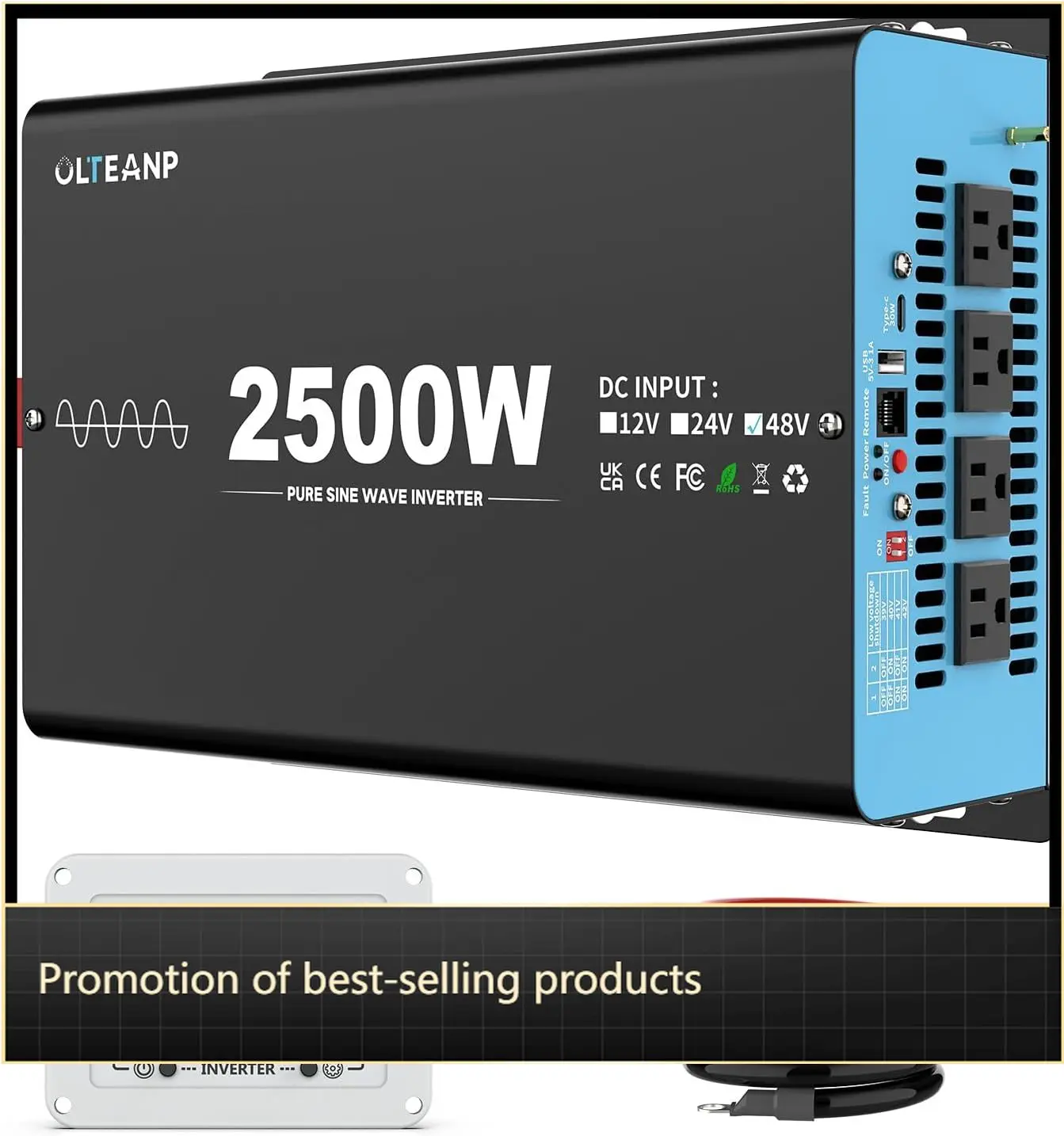 

Pure Sine Wave Inverter 48V DC To 110V AC 2500W 5000W Peak Power Four Outlets USB Type C Adjustable Input Lithium Battery Solar