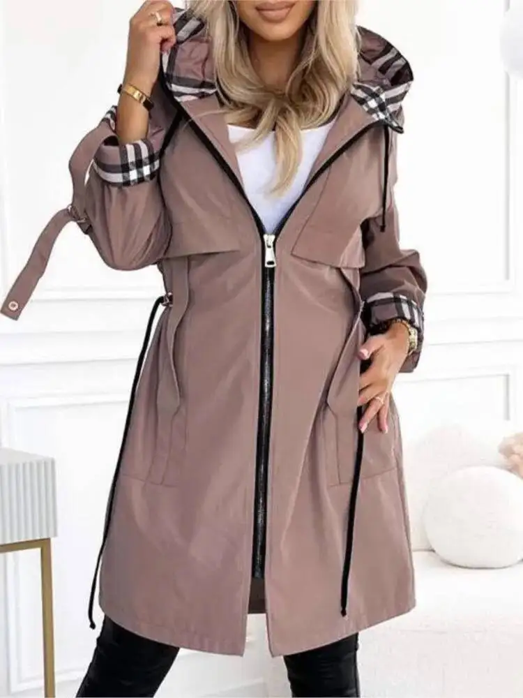 

Autumn Winter Casual Jacket Coat Women Solid Color Hooded Long Sleeve Zippers Lace-Up Fashion Comfortable Regular Standard Fit