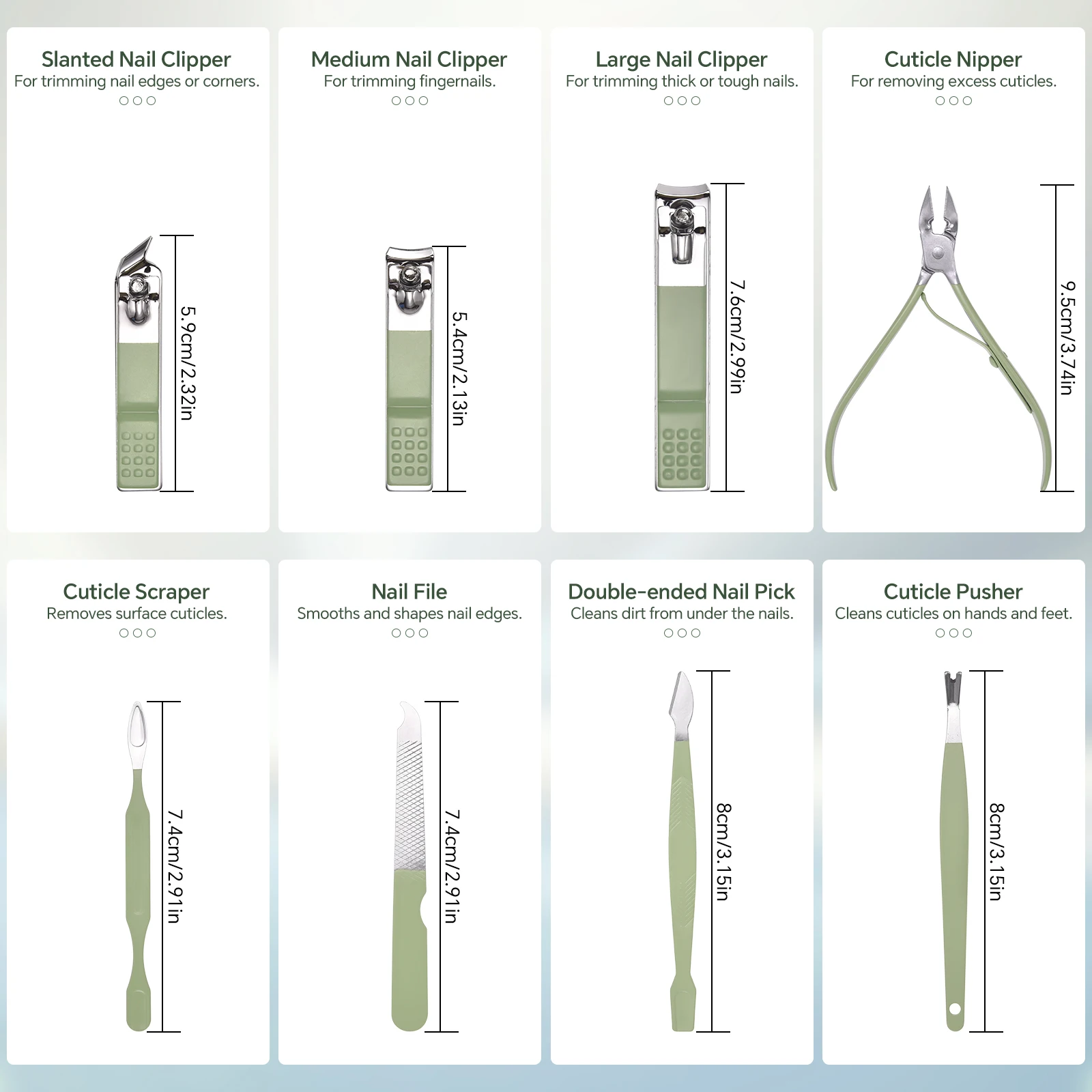 Juego de cortaúñas de acero inoxidable, Kit de manicura y pedicura verde, Funda de cuero PU portátil, herramienta para quitar cutículas, 16 Uds.