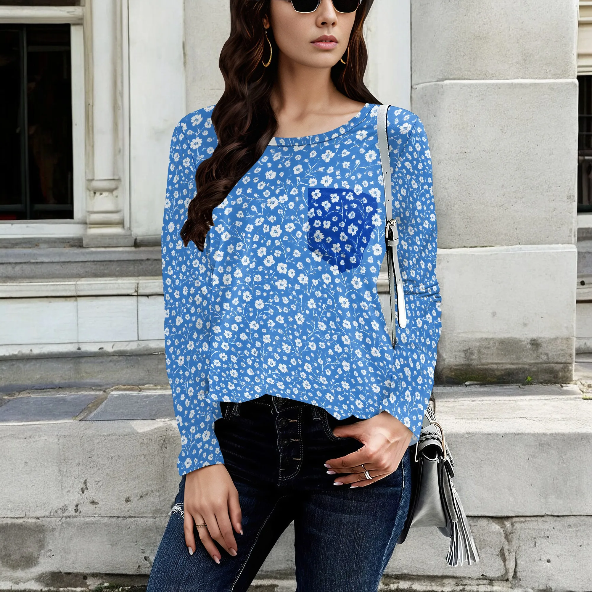 Floral Retro Style A Crewneck Sweatshirt for Women - Fall Winter Fashion Outfits Tops for Women