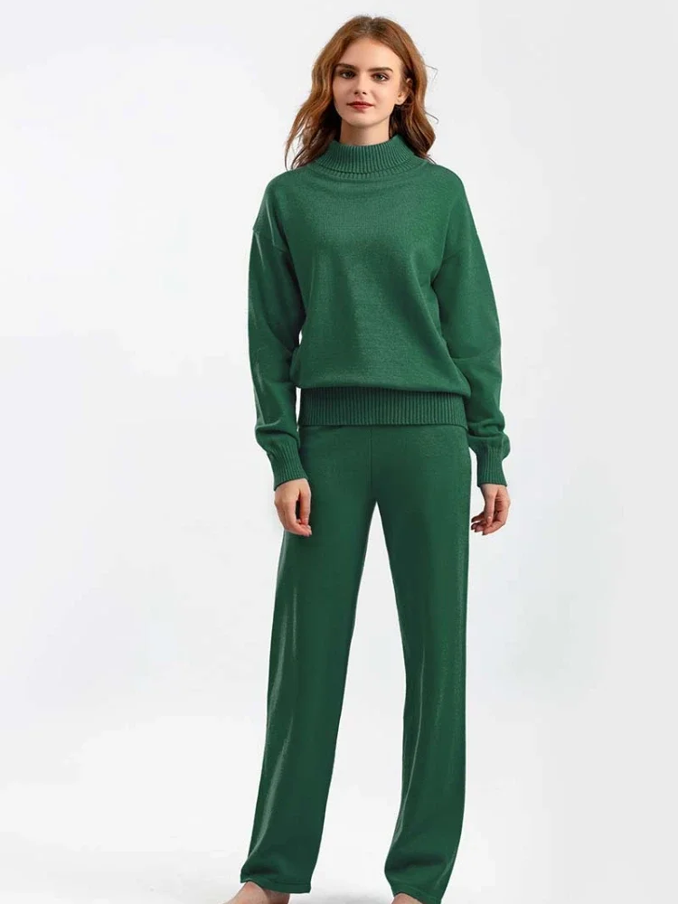 Women Kinnted Sweater Suits Winter Autumn Casual Turtleneck Pullover High Waist Wide Leg Kint Pants Elegant 2 Piece Sets Women