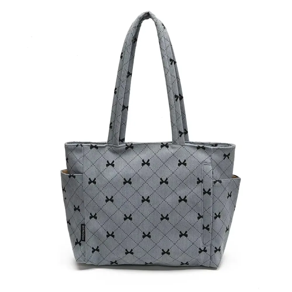 

INS Corduroy Tote Bag Korean Style Bow Pattern Travel Shoulder Bag Multi-Pockets Zipper closure Women's Underarm Bag Shopping
