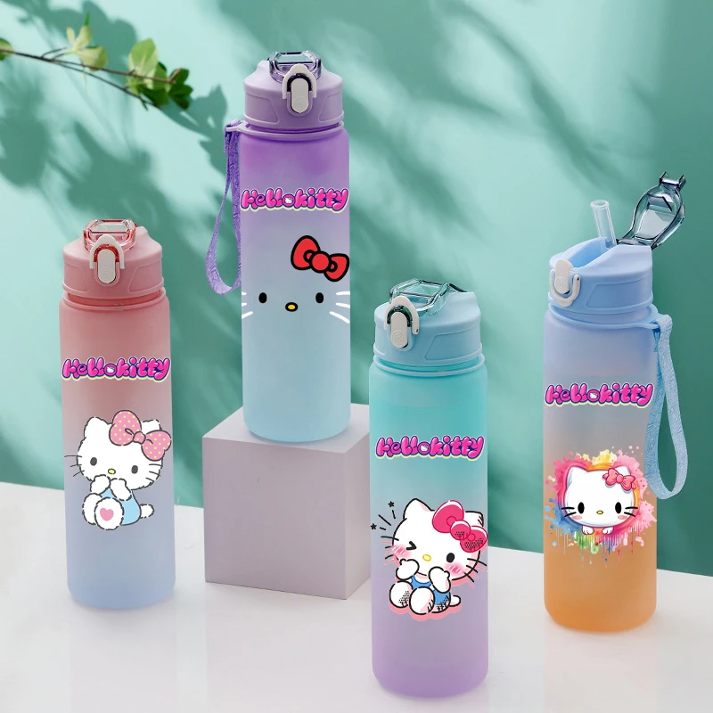 750Ml Hello Kitty Straw Cup Leak Proof Large Capacity Water Cup Children Portable Plastic Jug Outdoor Camping Water Cup Gifts