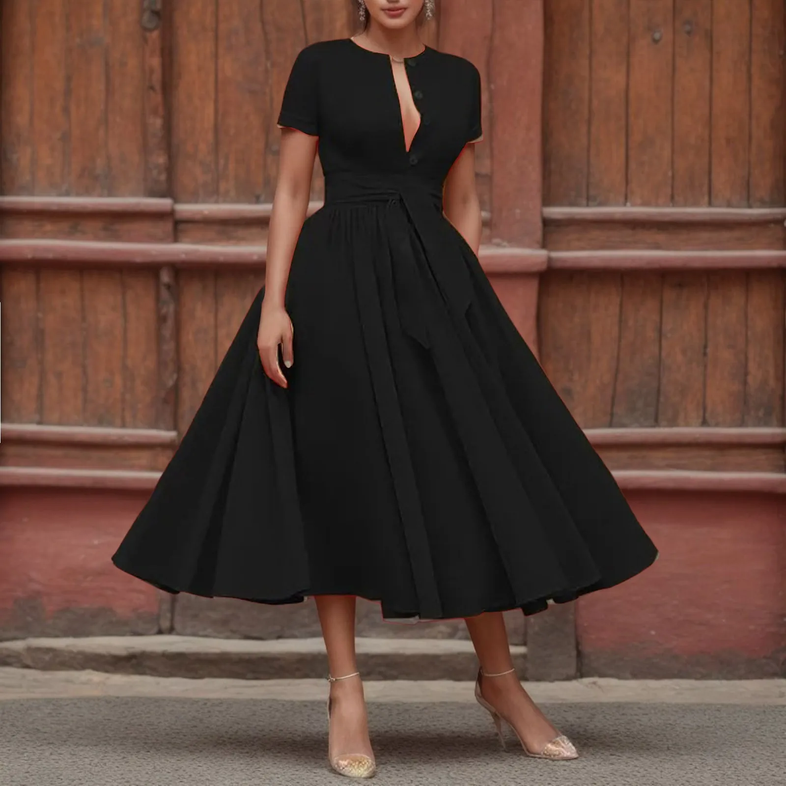 2023 Casual Short Sleeve Holiday Sundress Women Elegant Solid Maxi Dress Summer Vintage Party Belted Vestidos Button OL Kaftan