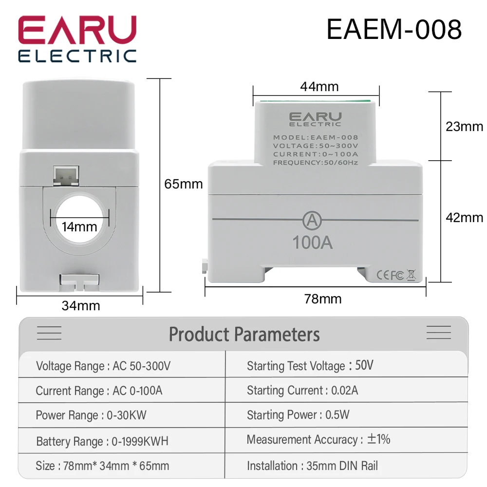 Imagem -02 - Medidor do Monitor da Energia Elétrica Digital Voltímetro Amperímetro Voltímetro Trilho do Ruído 4in ca 110v 220v 100a Tensão Corrente Kwh Volt Amp Kwh