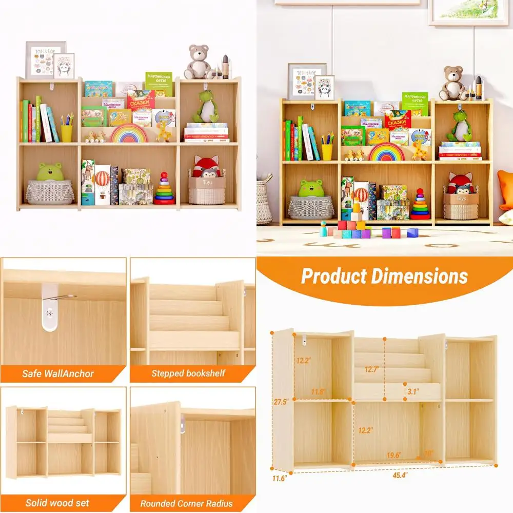 

Двухуровневая деревянная книжная полка и органайзер для игрушек с 5 открытыми полками, горизонтальный дизайн для игровых комнат, детских садов и классов