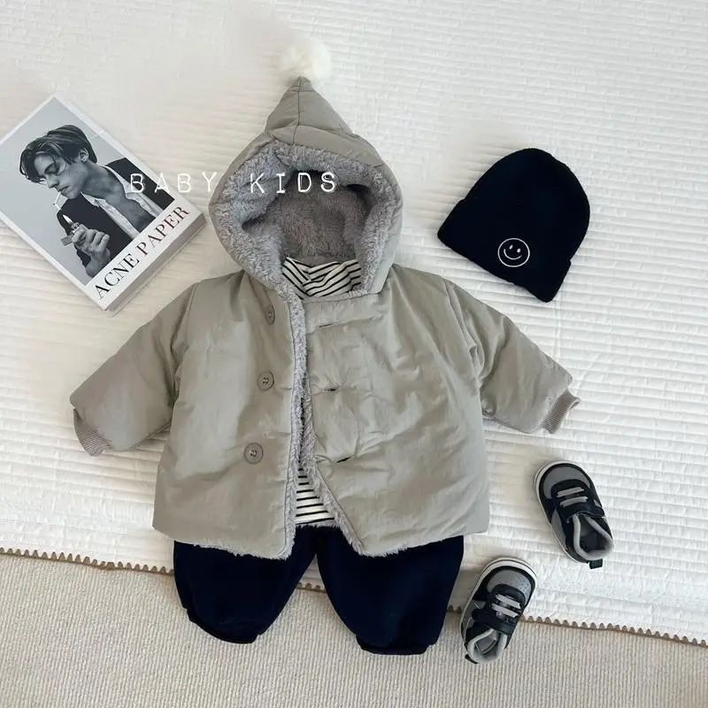 Winter children's plush thick hooded cotton jacket for keeping warm and going out for infants and young children