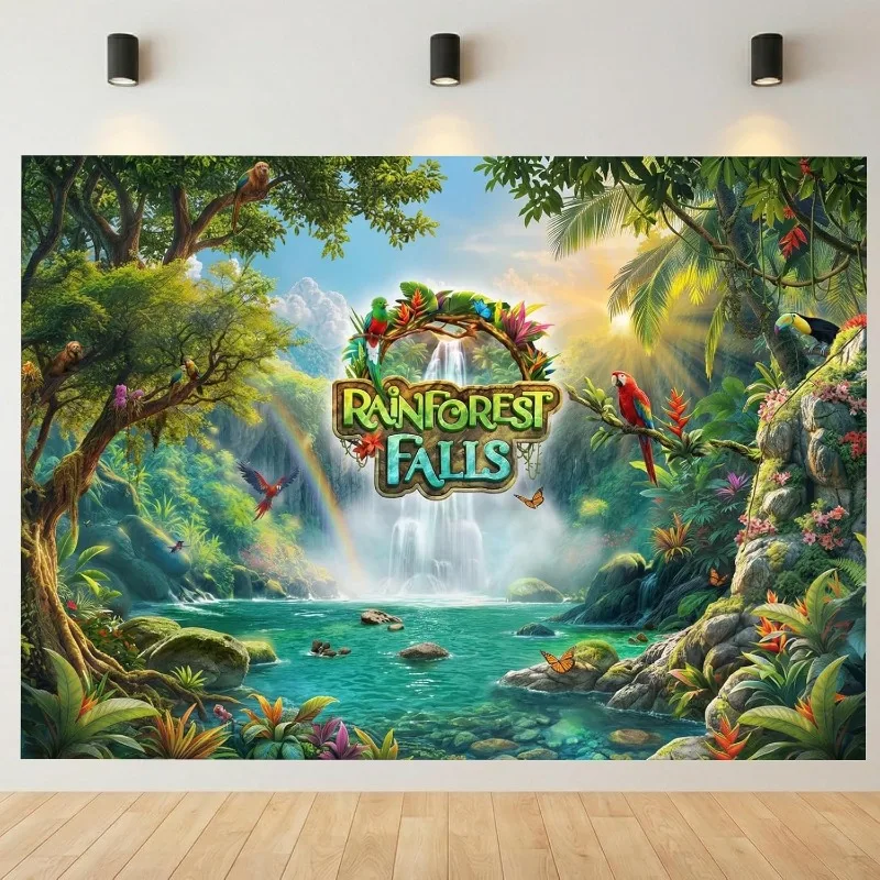 2D Flacher 1-teiliger Fotografie-Hintergrundstoff mit tropischem Regenwald-Wasserfall-Motiv – Dekorationsbanner für Luftaufnahmen
