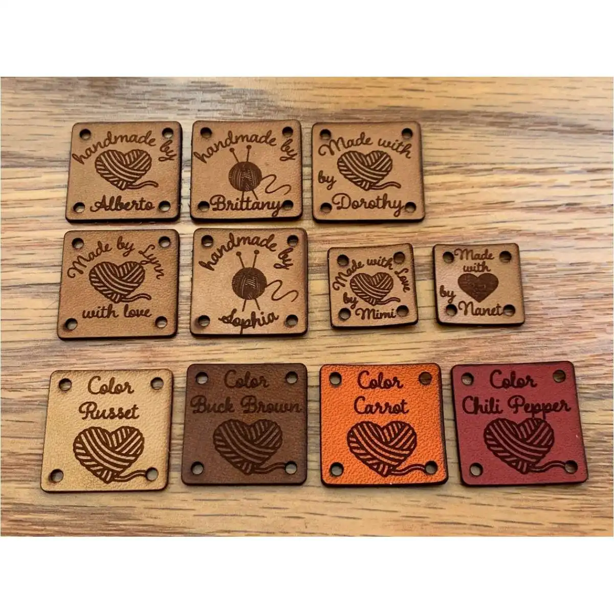 Custom Personalized Leather Labels - Square Tags for Knitting, Quilting, Sewing, Weaving, Handmade goods, your logo, made by tag