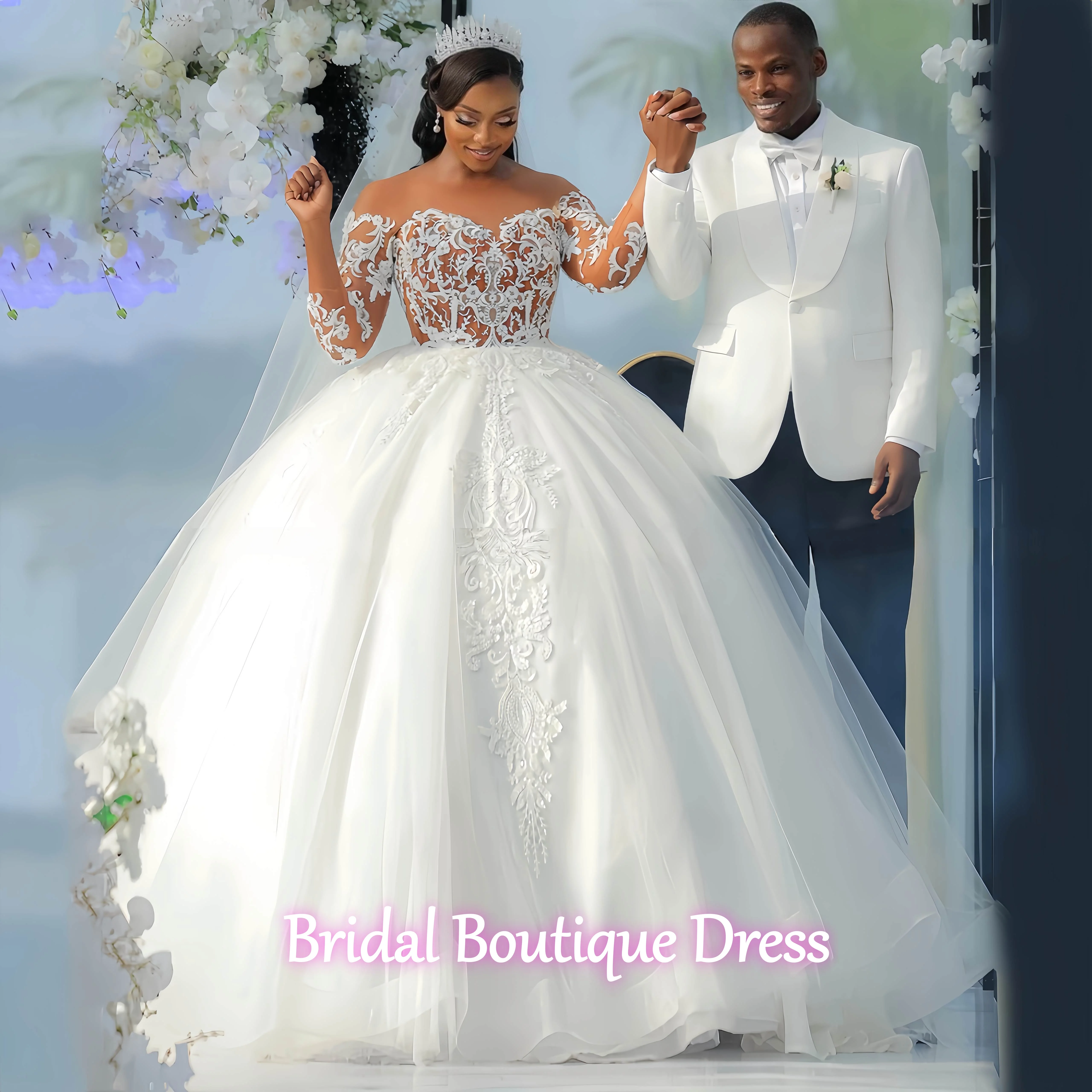 

Изысканные свадебные платья по индивидуальному заказу с длинным рукавом и круглым вырезом, свадебные платья с африканской аппликацией, Vestidos De Novia для невесты, бальное платье