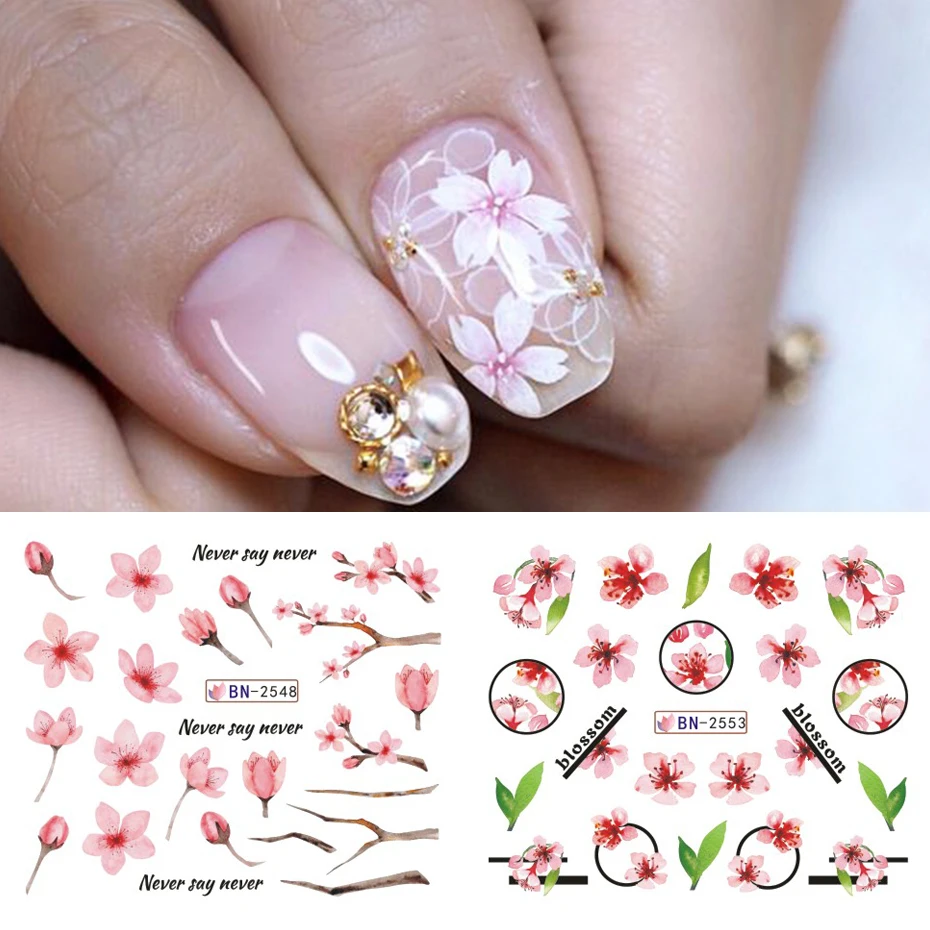 Autocollants à l'eau pour ongles, 12 modèles de fleurs de cerisier roses, décalcomanies coulissantes pour ongles, feuilles florales, décoration de manucure de printemps à faire soi-même