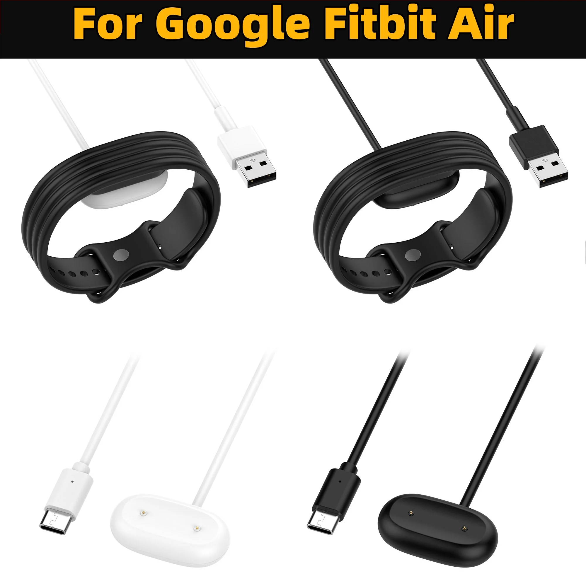 Dual Plug USB A TypeC Magnetic Charging Cable Compatible with Google Fitbit Air, Replacement Fitness Tracker Charger Black White