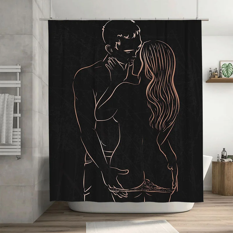 

Luxurious Couple Love Design Shower Curtain Waterproof Bathroom Decor Home Decorative Soft Fabric Bath Mat Rug Black