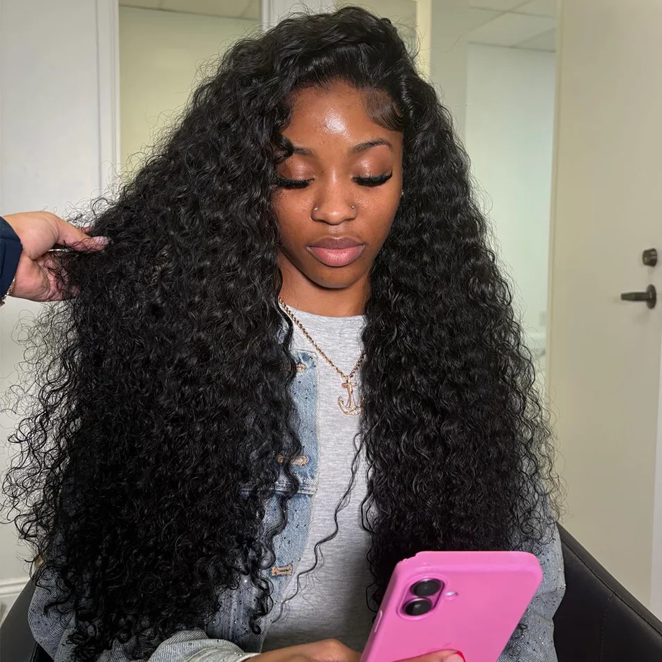 

40-дюймовые кудрявые парики с HD-кружевной передней частью 13x6 для женщин, безклеевые 5x5, плотность 250, из натуральных волос Реми, глубокая волна, натуральный черный цвет