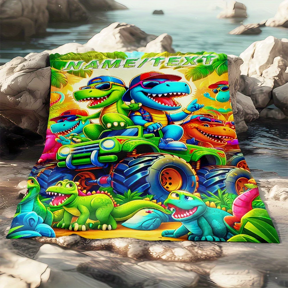 1pc Custom Name Dinosaur Blanket - Cute Cartoon Dinosaur Design with Trendy Glasses And Hat, High-Definition Digital Print Soft