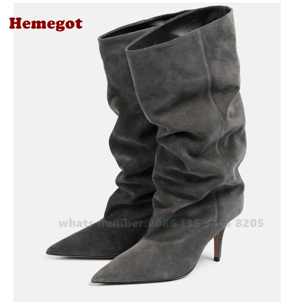 Pointed Toe Pleated Knee High Boots Kitten Heels Women\'s Long Boots Winter Grey Casual Shoes Suede Leather Plus Size New Des