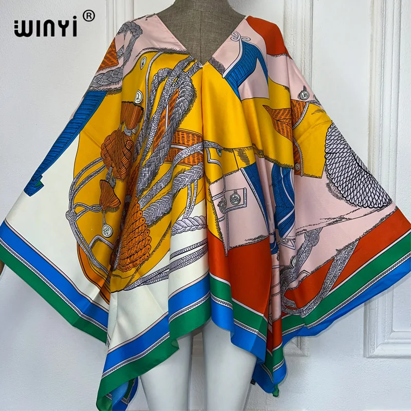 WINYI-Printed twill Silk feeling Dress for Women, Bohemian Summer Beach Top, Batwing Sleeve, New Printed Clothes beach cover up