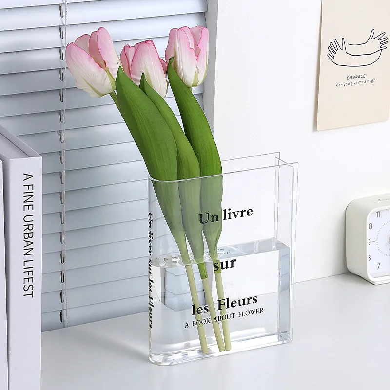 PET Integrated Book Vase Creative Flower Vases Transparent Gradient Plastic Floral Art Holder Desktop Decoration Ornament Gift