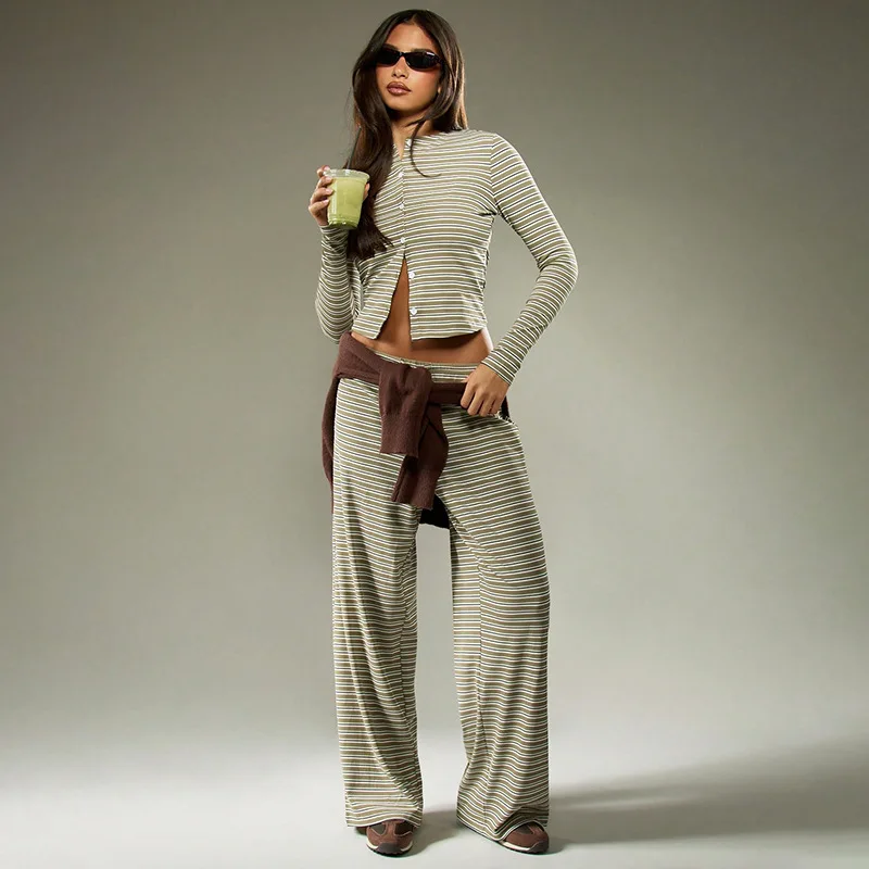 

Women's Autumn Winter Casual Home Two-piece Set Fashionable Striped Single-breasted Cardigan Top Paired With Loose Trousers Suit