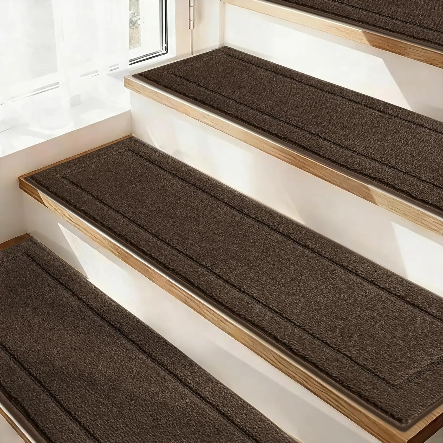 

Non-Slip Stair Treads for Wooden Steps, 15-Pack Brown Carpet with TPE Backing, Safe for Kids and Pets