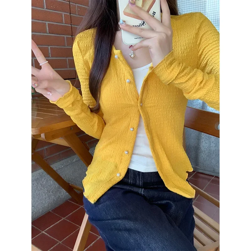 Yellow Round Collar Knitted Cardigan Women's Early Autumn Thin Edition Mushroom Edge Design Temperament Coat Exquisite Top