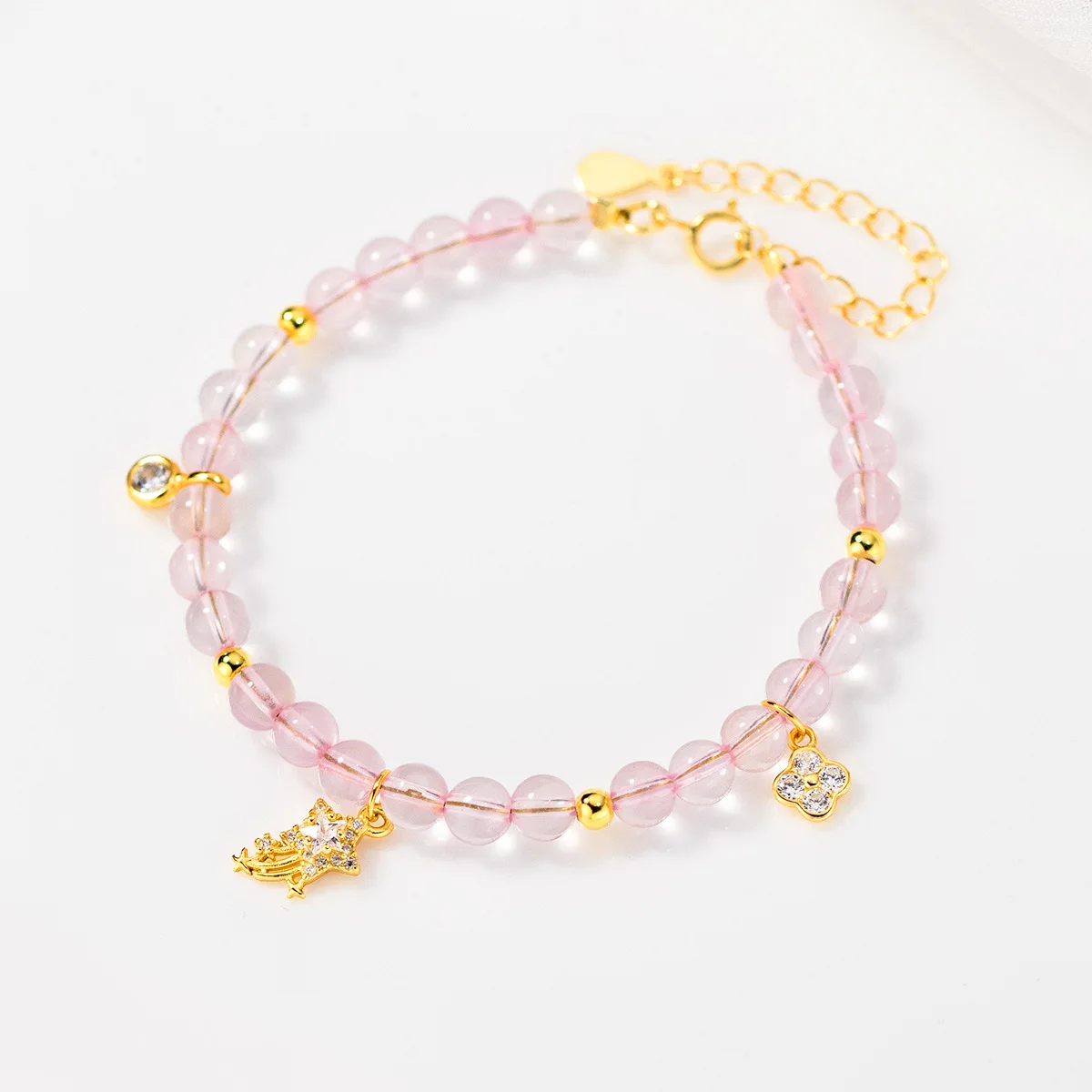 925 Sterling Silver Four-Leaf Flower Pink Crystal Meteor Bracelet Sweet Style Forest Series Jewelry 925 Silver Round Pendant