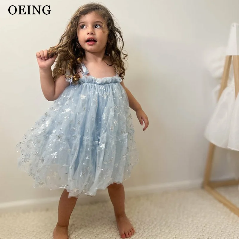 

Милые платья для девочек OEING, А-силуэта, небесно-голубые, с цветочным узором, длиной до колена, с пайетками в виде звезд, для дня рождения, на заказ