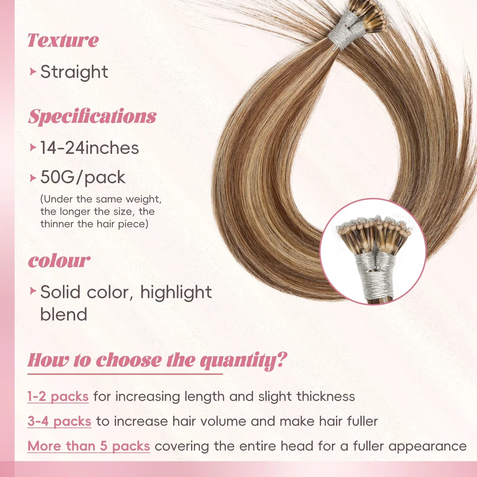 DIYOMO Extension per Capelli Lisci Brasiliani Veri Remy con Anello Nano, Microlink, Capsula e Cheratina per Parrucchieri